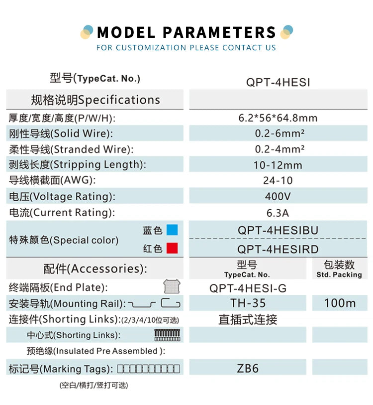 QPT-4HESI Fuse Terminal Block Din Rail Terminal Block Fuse Block 0.2-6mm 400V Mrbf Terminal Fuse Block Fused Terminal Strip