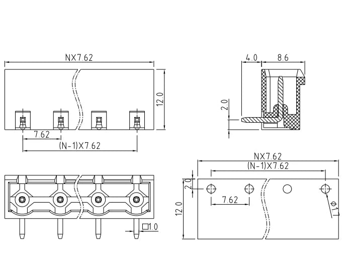 QS-762RC PCB Terminal Blocks 7.62mm Pitch 2P-24P 300V 15A Green High Strength Screw Connector With Flange