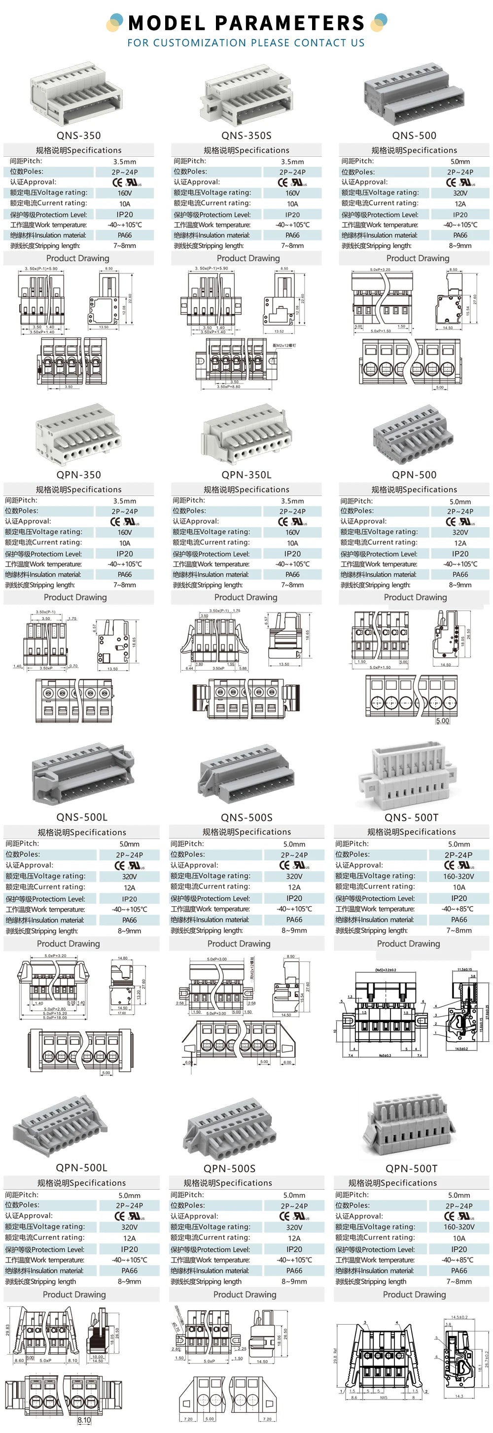 QPN-350 350mm IP20 PA66 160V 10A Terminal Block Connector Rated Terminal Block