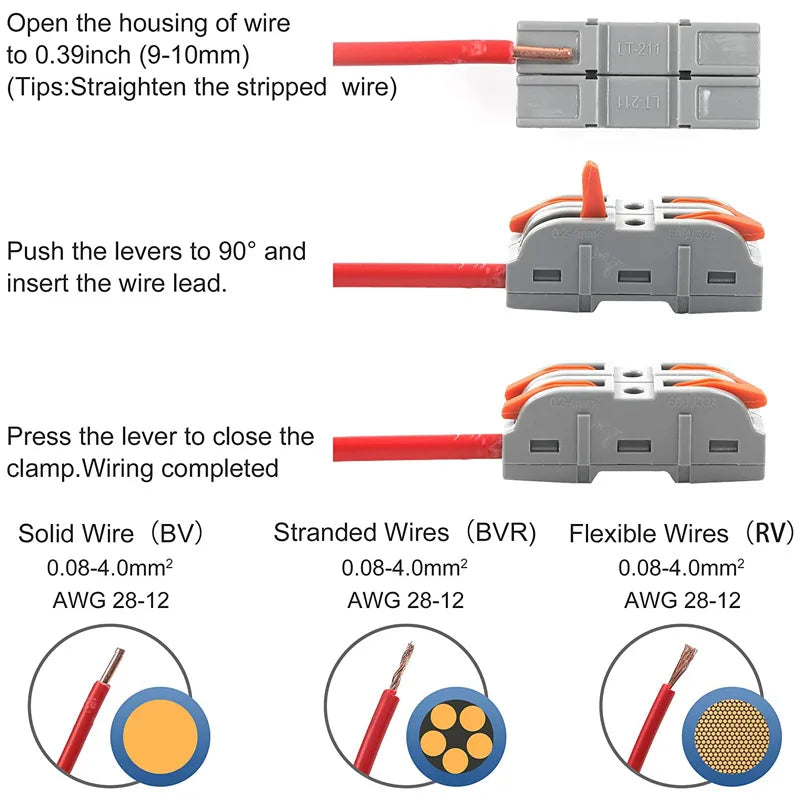KV211 Easy Single Wire 1 Pole 250V and 32A LED Lights Wiring Quick Push Press Connectors Quick-insert Push-type Terminals
