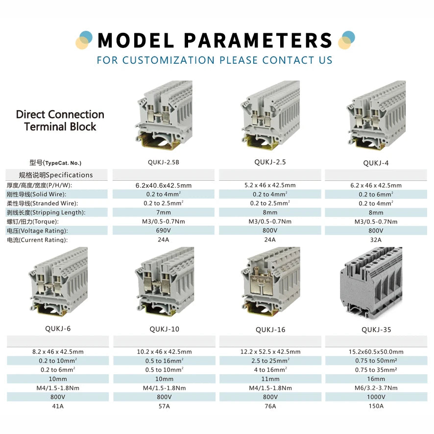 QUKJ-16 Screw DIN Rail Terminal Block dimension view