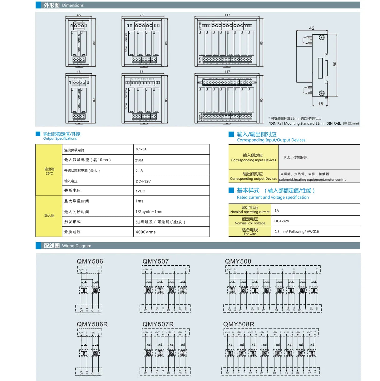 QMY505SL 4 Channel 1O  Contact Single Independent Output PLC Power Relay Module 1A 24VDC PLC High Power Relay Module 4-bit