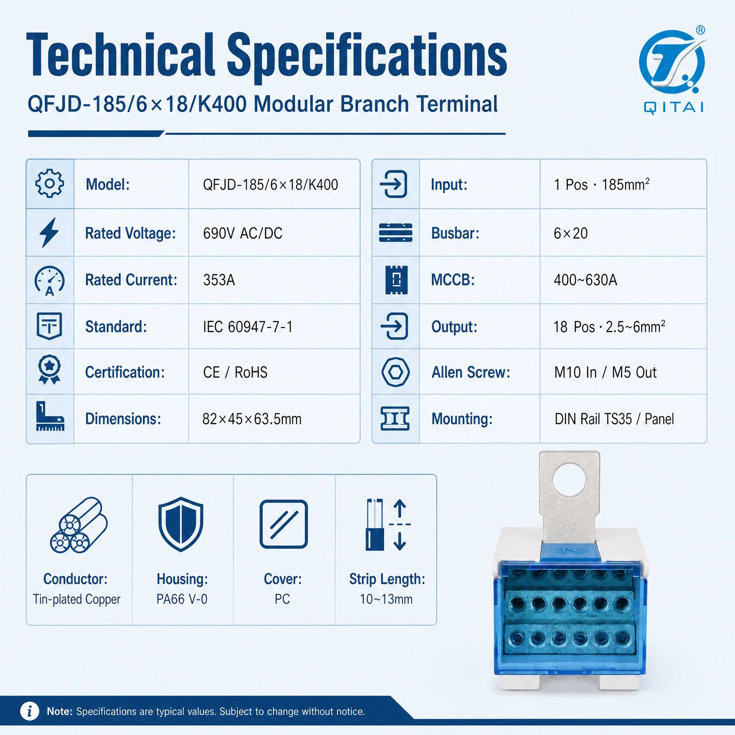QFJD-185-6*18-K400 Distribution Terminal Block 353A 690VAC 1 in 18 Out 2.5-6mm2 DIN Rail for Circuit Breaker