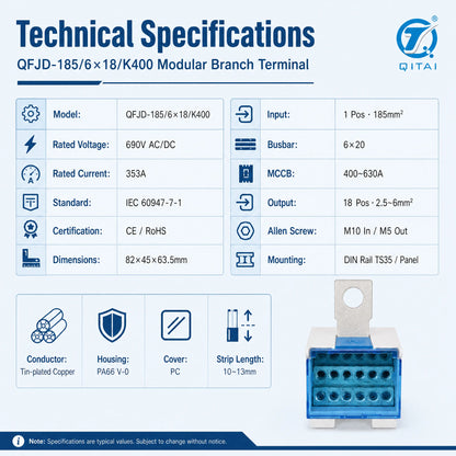 QFJD-185-6*18-K400 Distribution Terminal Block 353A 690VAC 1 in 18 Out 2.5-6mm2 DIN Rail for Circuit Breaker