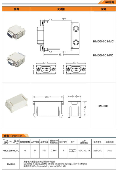 HMDS-025-FC 4A 50V Heavy Duty Connector V0 Female Insert Crimp Terminal for Industrial Electric Communication Equipment