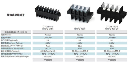 QTCQ-130-2F Barrier Strip 13mm Pitch 2-16Pole 600V 50A 8-22AWG 2500VAC Barrier Terminal Block with Cover Screw Down Termination
