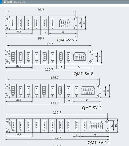 QMT-SV-4 70mA DC24V IP20 Multi-Ports Splitter NPN PNP 180 Degree Ports Modular Pcb Jack
