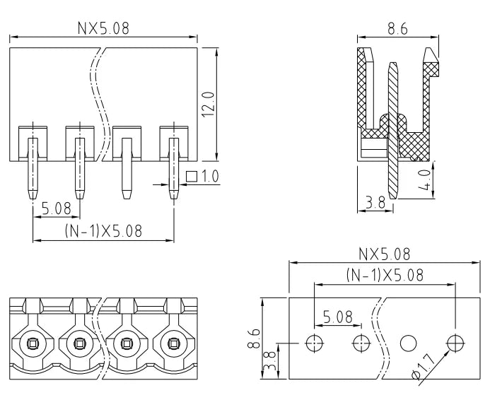 QS-508V  PCB Terminal Blocks 5.00mm Pitch 2P-24P 300V 15A Green High Strength Screw Connector