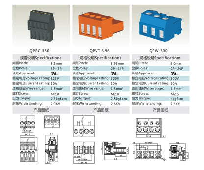QPW-500 5mm Pitch 2P-24P 300V 10A High Strength Spring Wire Strong Shock Resistance Plug Connector Terminal Blocks PCB