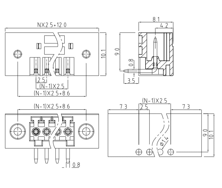 QS-250RF  PCB Terminal Blocks 2.50mm Pitch 2-24P 300V 10A Green High Strength Screw Connector with Flange