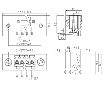 QS-250RF  PCB Terminal Blocks 2.50mm Pitch 2-24P 300V 10A Green High Strength Screw Connector with Flange