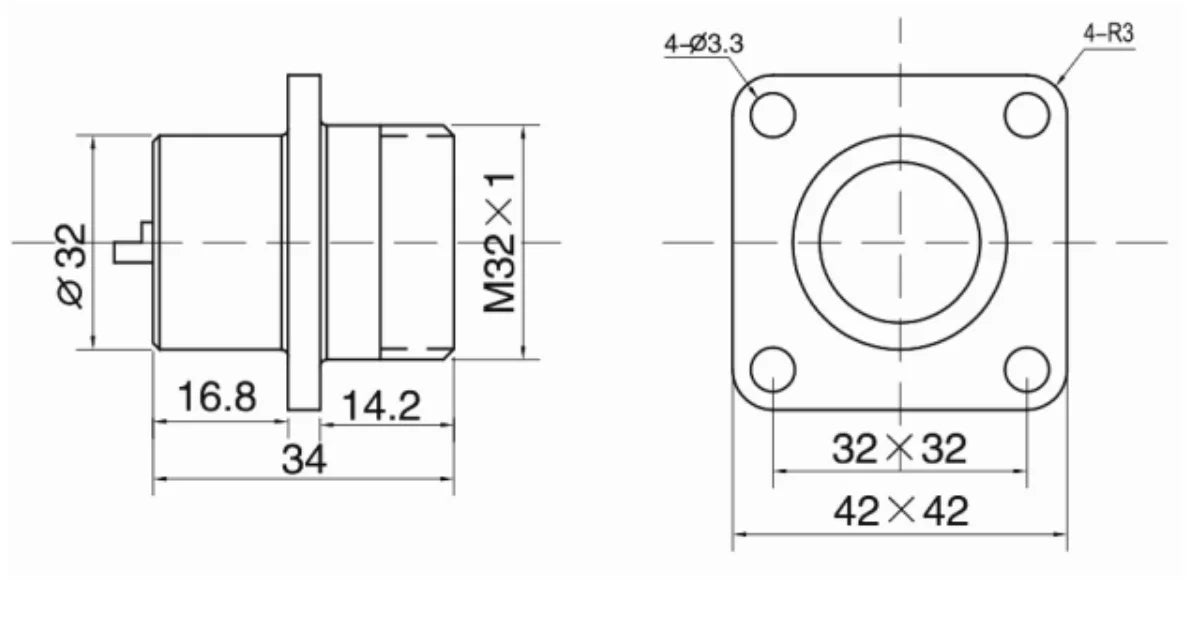 P32F-32H Square Socket h 32mm 250V Metal Circular Aviation Connector Waterproof for Aviation 4/6/8/10/13/14/19/32 PIN