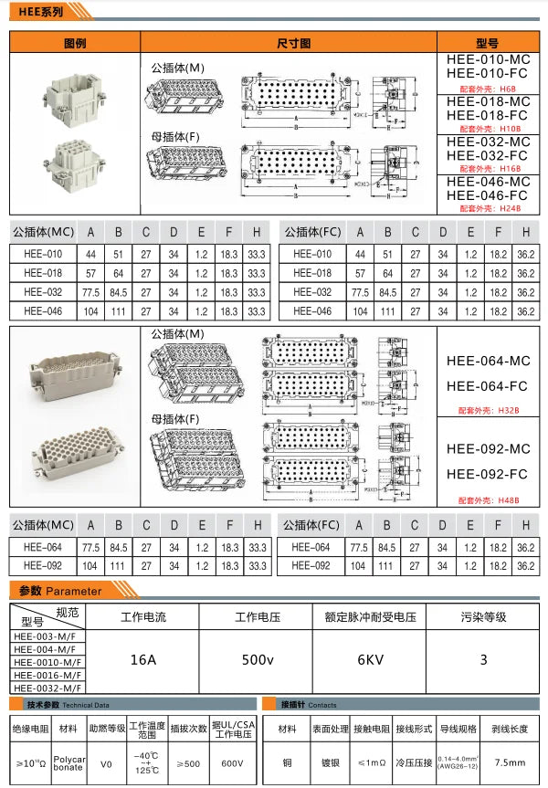 HEE-046-FC HDC 16A 500V Heavy Duty Connector 10P Female Insert Crimp Terminal for Industrial Equipment