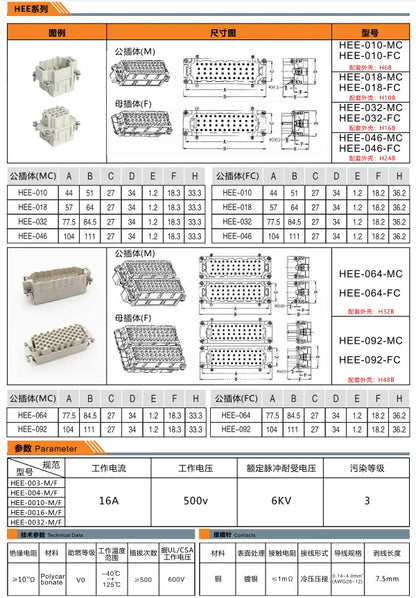HEE-046-FC HDC 16A 500V Heavy Duty Connector 10P Female Insert Crimp Terminal for Industrial Equipment