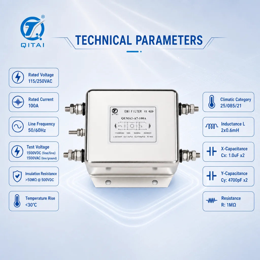 QEMA2-A7-100A AC Power Line Filter 100A 250VAC 136mm Stud Faston Terminal for Industrial Power Distribution