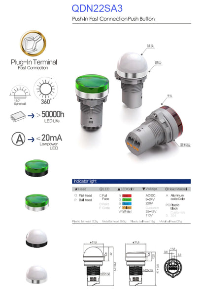 QDN22SA3 30mm Ball Head Metal signal Strong Light Red Green Yellow Bule Emitting LED Power Metal Indicator Light