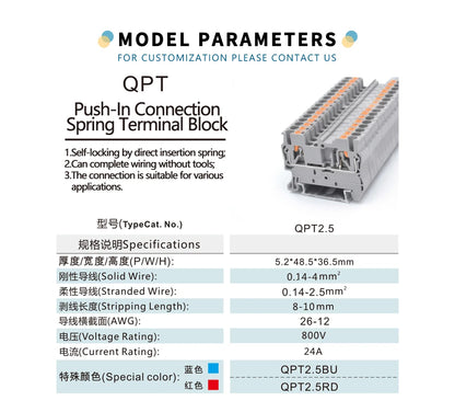 QPT 2.5 PT 2,5 Feed Through Terminal Block  2.5mm² 800V 24A Din Rail Plug-in Terminal Block Spring CE Certified Connectors