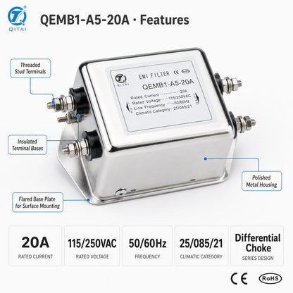 QEMB1-A5-20A 20A Single Phase EMI Filter 115/250VAC Differential Mode Choke Noise Suppression Power Line Filter