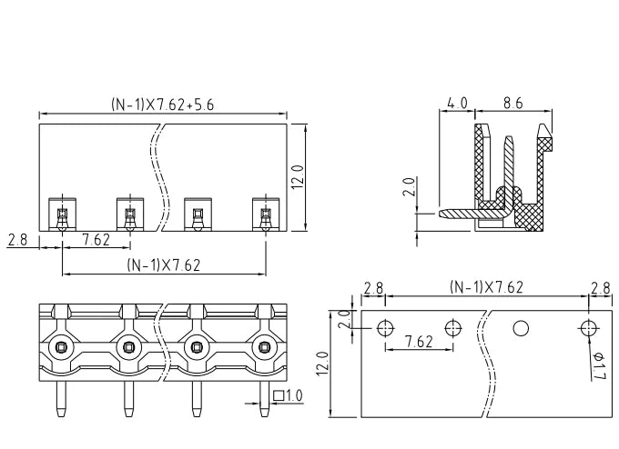 QS-762R PCB Terminal Blocks 7.62mm Pitch 2P-24P 300V 15A Green High Strength Screw Connector