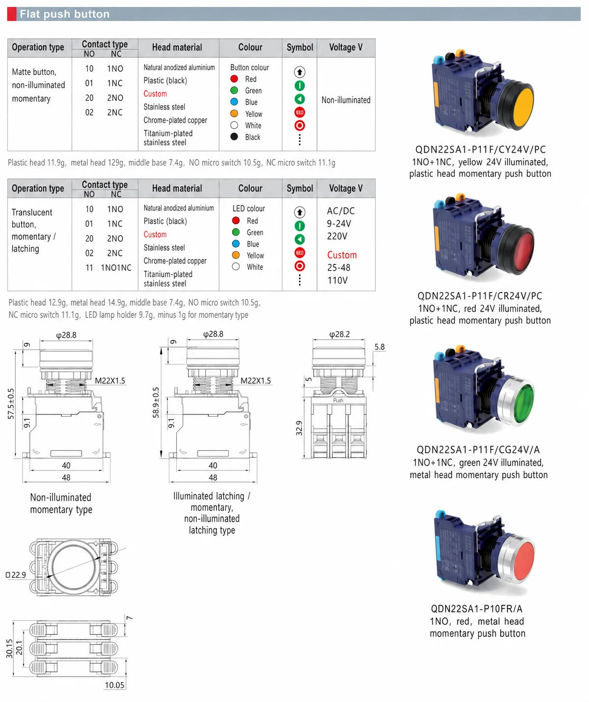 QDN22SA Plug-in Wiring LED Push Button Switch IP54 PA66 connection detail