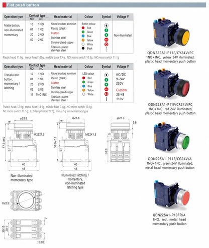 QDN22SA Plug-in Wiring LED Push Button Switch IP54 PA66 connection detail