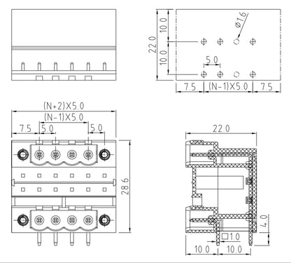 QSD-500RF  5.00mm  Double Layer 2P-24P Socket Terminal Block Connector PCB Plug-in Type Green Terminal Block with Flange