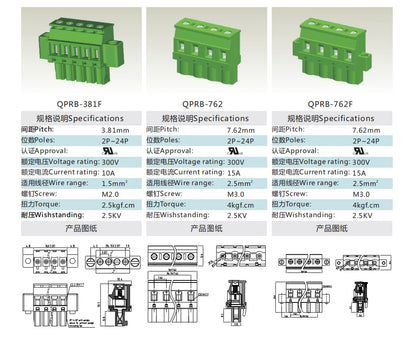 QPRB-508F 5.08mm Pitch 2P-24P 300V 15A High Strength Spring Wire Strong Shock Resistance Plug Connector Terminal Blocks PCB Unit