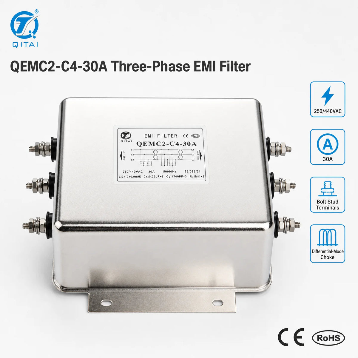 QEMC2-C4-30A Three Phase High Performance EMI Filter Differential Mode Choke 30A 250/440VAC Stud Terminal for CNC Machine Tool