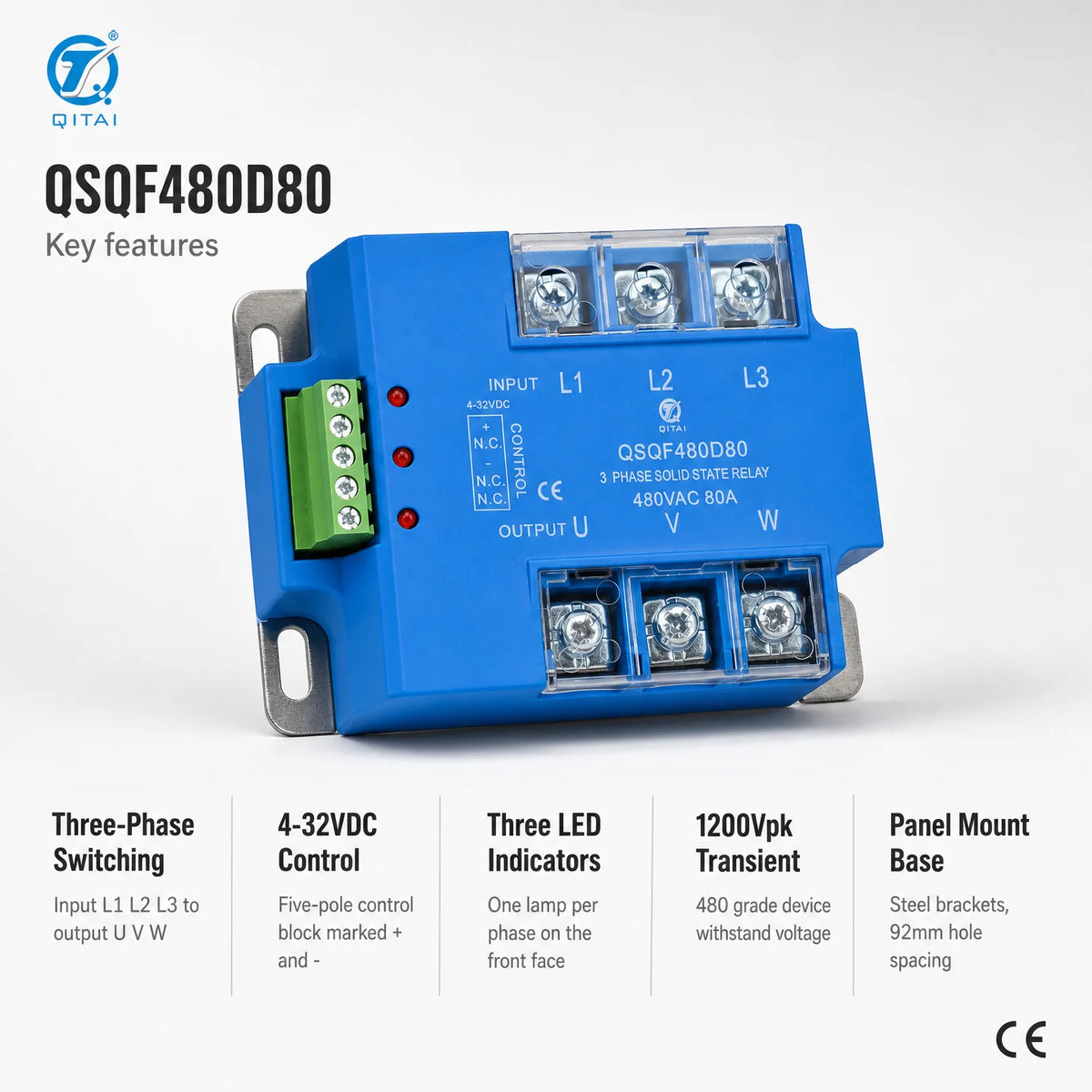 QSQF480D80 Three Phase Solid State Relay 80A 48-530VAC SCR Zero Cross L1 L2 L3 U V W Terminals for Large Industrial Oven