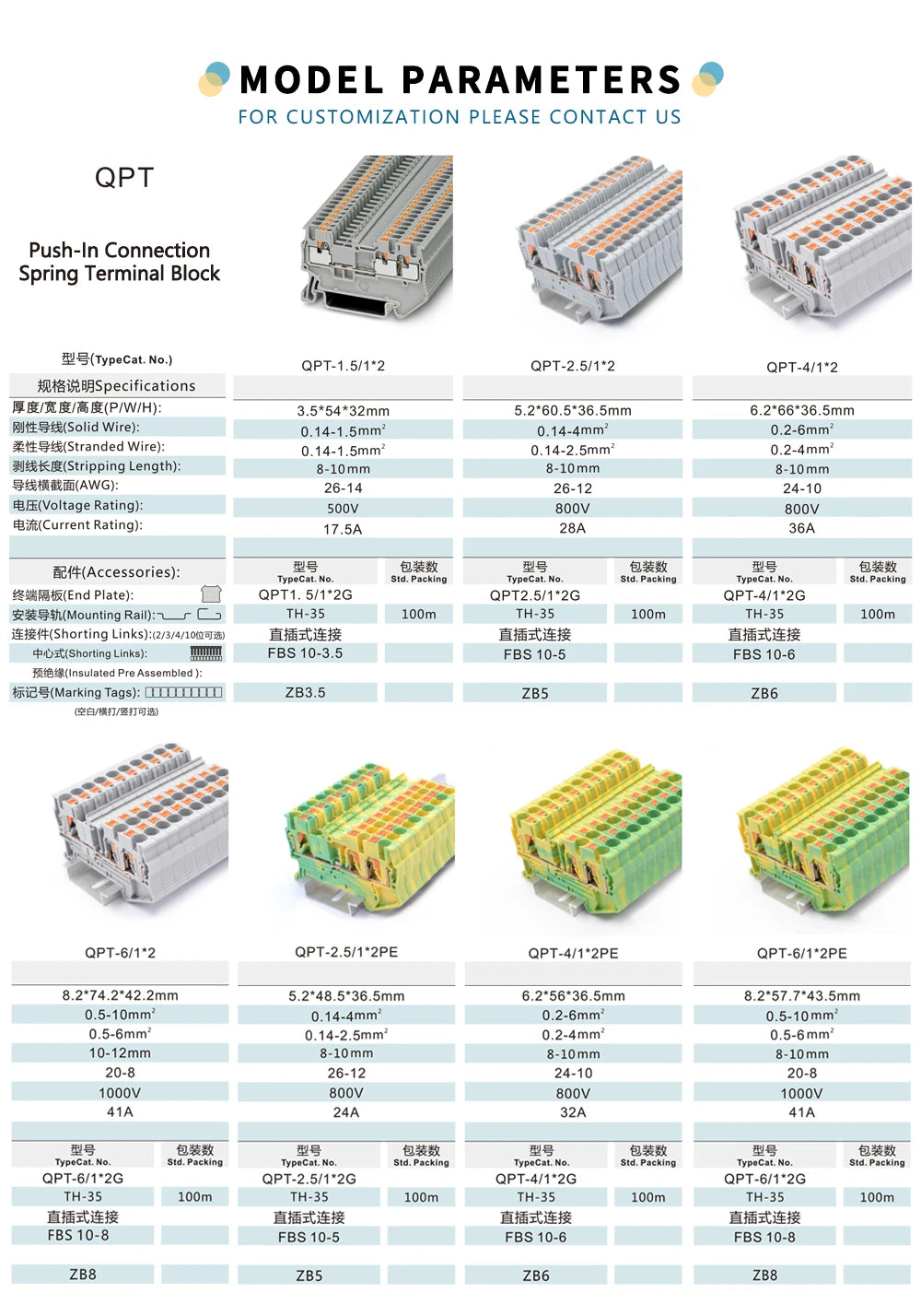 QPT PT1*2 TWIN Feed Through Din Rail Spring Electrical Connection Wire Connector 1way 2 Out Terminal Block Connector 2.5mm