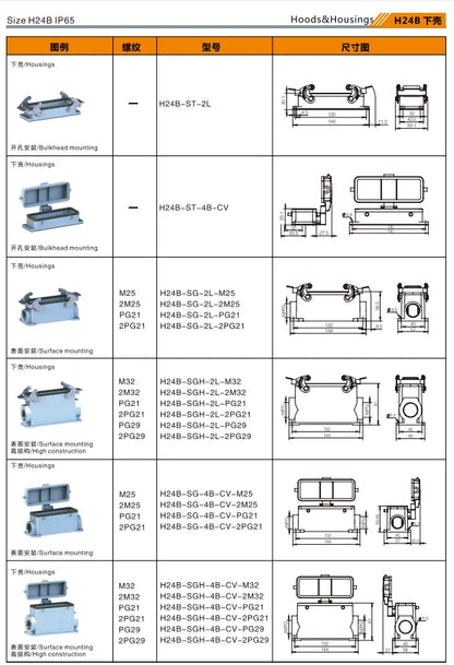 QITAI H24B-ST-2L Heavy Duty Connector Compact Series Top Entry Protective Hoods with Copper Contact and Aluminum Housing