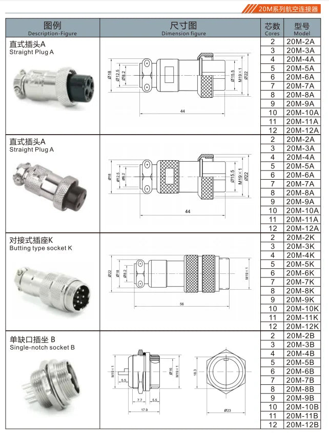 20M-2B Single-notch Socket B Aviation Plug and Socket  2 3 4 5 6 7 8  9 10 11 12 Pin Small Male and Female Connector Hole 20mm
