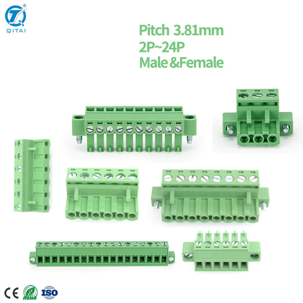 QPV 3.81/5.00/5.08mm 2-24 Pin Screw Mount Pcb Terminal Block Green Electronic Connector Electronicmini Pluggable Terminal Blocks