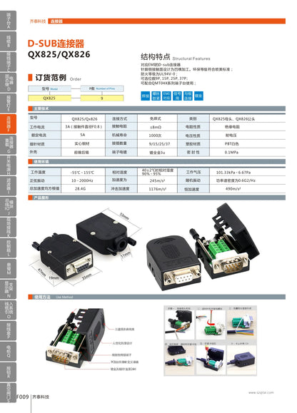 QX825-9-1 5A D-SUB 9P Female Connector With Back Side Screw Transfer-Free Solder Terminals