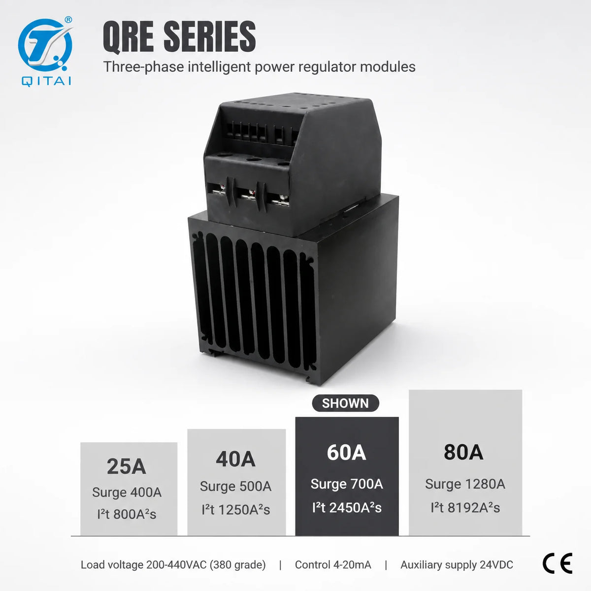 QRE Series Three Phase SCR Power Controller Solid State Relay 25-80A 200-440VAC 4-20mA IP20 for Industrial Heating