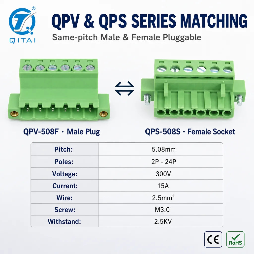QPV-508 Male Plug PCB Terminal Block 5.08mm Pitch 2-24P 2.5mm2 300V 15A M3.0 Screw for Circuit Board Wiring Harness