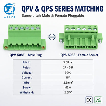 QPV-508 Male Plug PCB Terminal Block 5.08mm Pitch 2-24P 2.5mm2 300V 15A M3.0 Screw for Circuit Board Wiring Harness