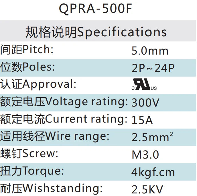 QPRA-500F 5.0mm Pitch 2P-24P 300v 15A Green High Strength Spring Wire Strong Shock Resistance Plug PCB Terminal Connector Blocks