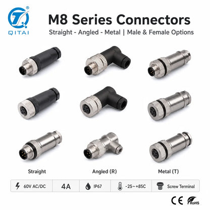 M8 Series 3 4 Pin M8 Circular Connector Male Female Straight Right Angle Screw Terminal IP67 Waterproof 4A 60V Plastic Metal