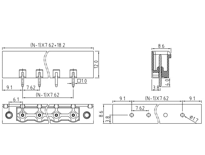QS-762VF  PCB Terminal Blocks 7.62mm Pitch 2P-24P 300V 15A Green High Strength Screw Connector With Flange