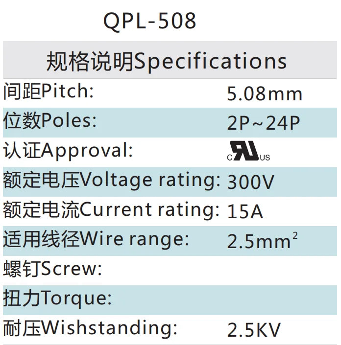 QPL-508 5.08mm Pitch 2-24P 300v 15A Green High Strength Spring Wire Strong Shock Resistance QPL Series Plug PCB Terminal Blocks