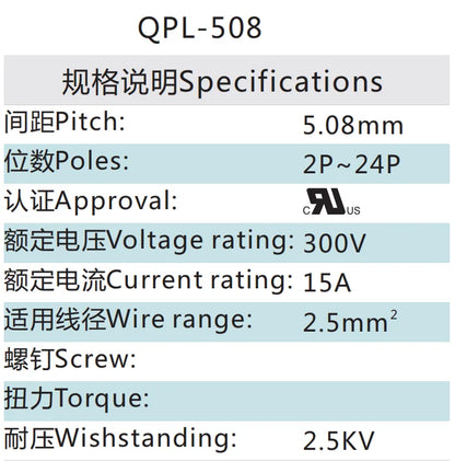 QPL-508 5.08mm Pitch 2-24P 300v 15A Green High Strength Spring Wire Strong Shock Resistance QPL Series Plug PCB Terminal Blocks