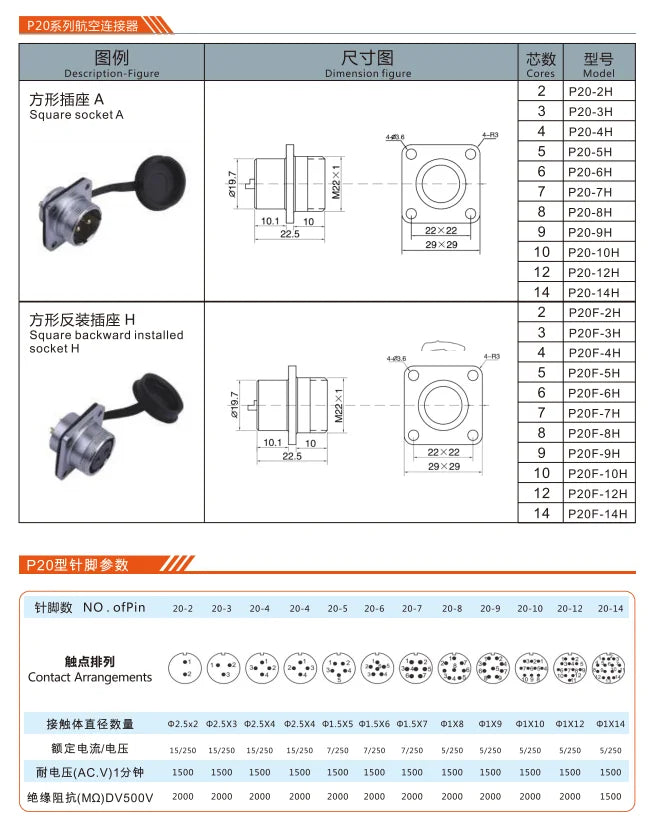 P20F-2H Square Backward Installed Socket H 20mm 15A 250V Metal Circular Aviation Connector Waterproof for Aviation 2-14 PIN