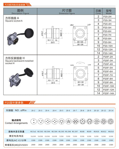 P20F-2H Square Backward Installed Socket H 20mm 15A 250V Metal Circular Aviation Connector Waterproof for Aviation 2-14 PIN