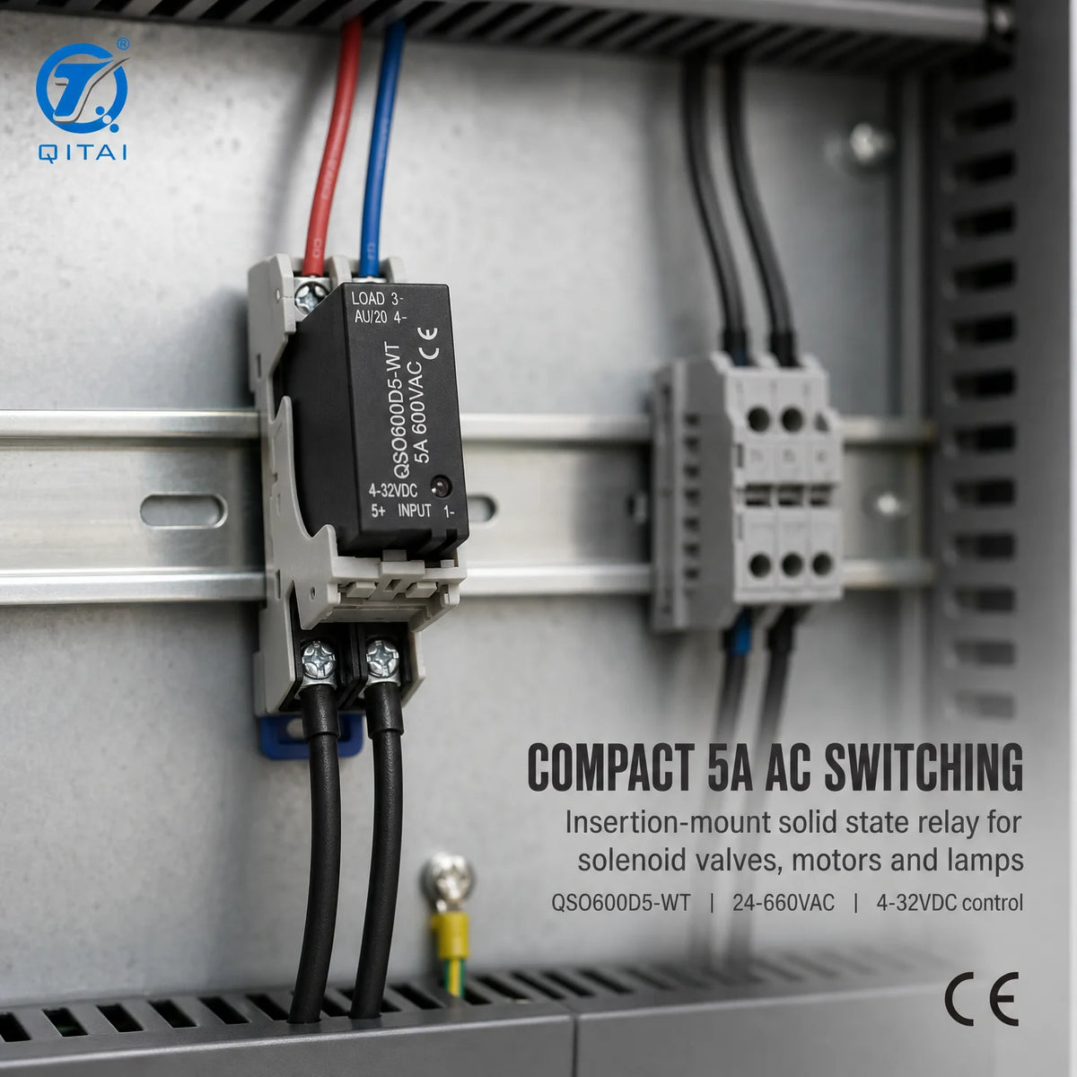 QSO Series 5A 240VAC 600VAC AC Output SSR Module TRIAC Socket Base DIN Rail Built-in RC for Solenoid Valve Control
