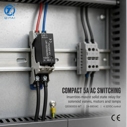 QSO Series 5A 240VAC 600VAC AC Output SSR Module TRIAC Socket Base DIN Rail Built-in RC for Solenoid Valve Control