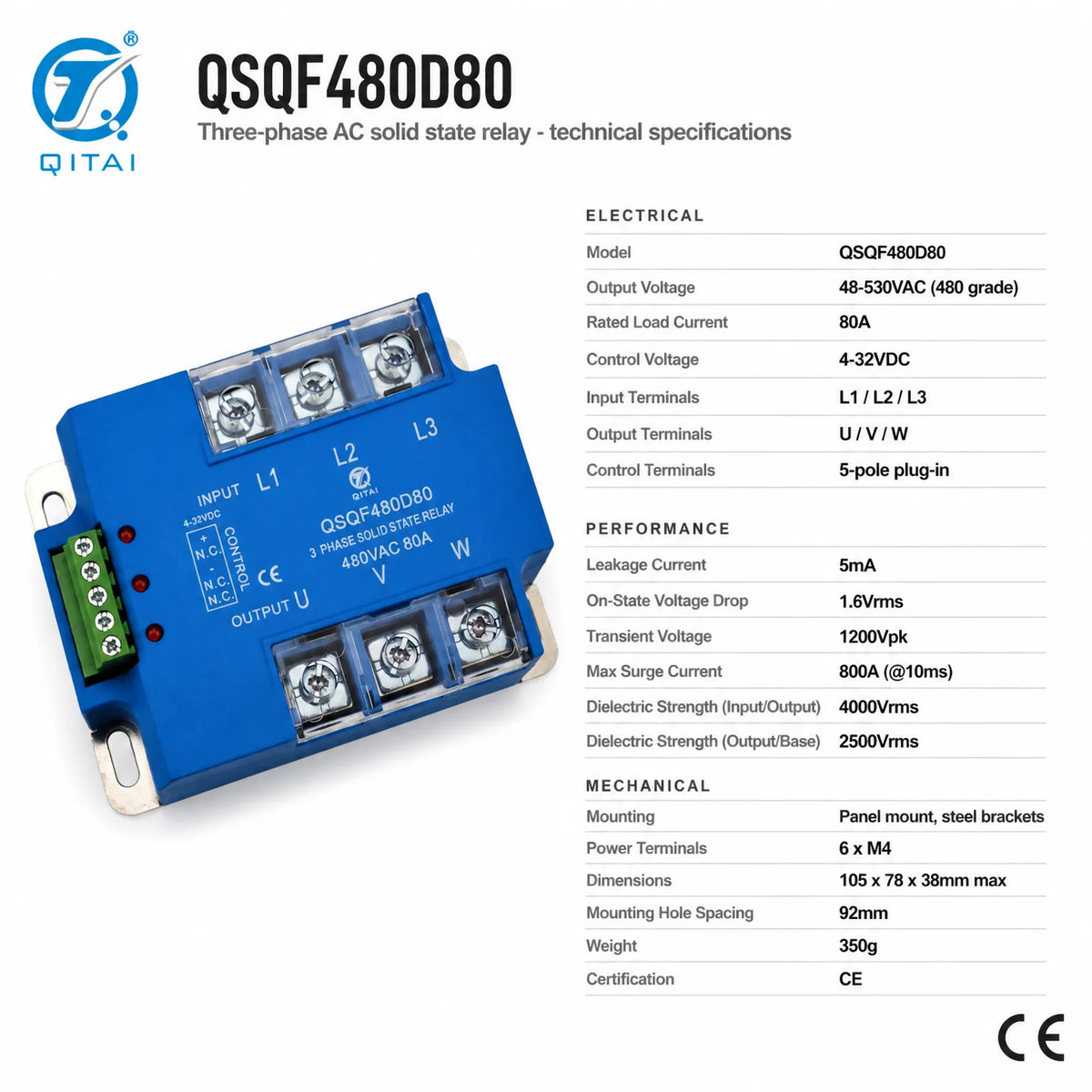 QSQF480D80 Three Phase Solid State Relay 80A 48-530VAC SCR Zero Cross L1 L2 L3 U V W Terminals for Large Industrial Oven