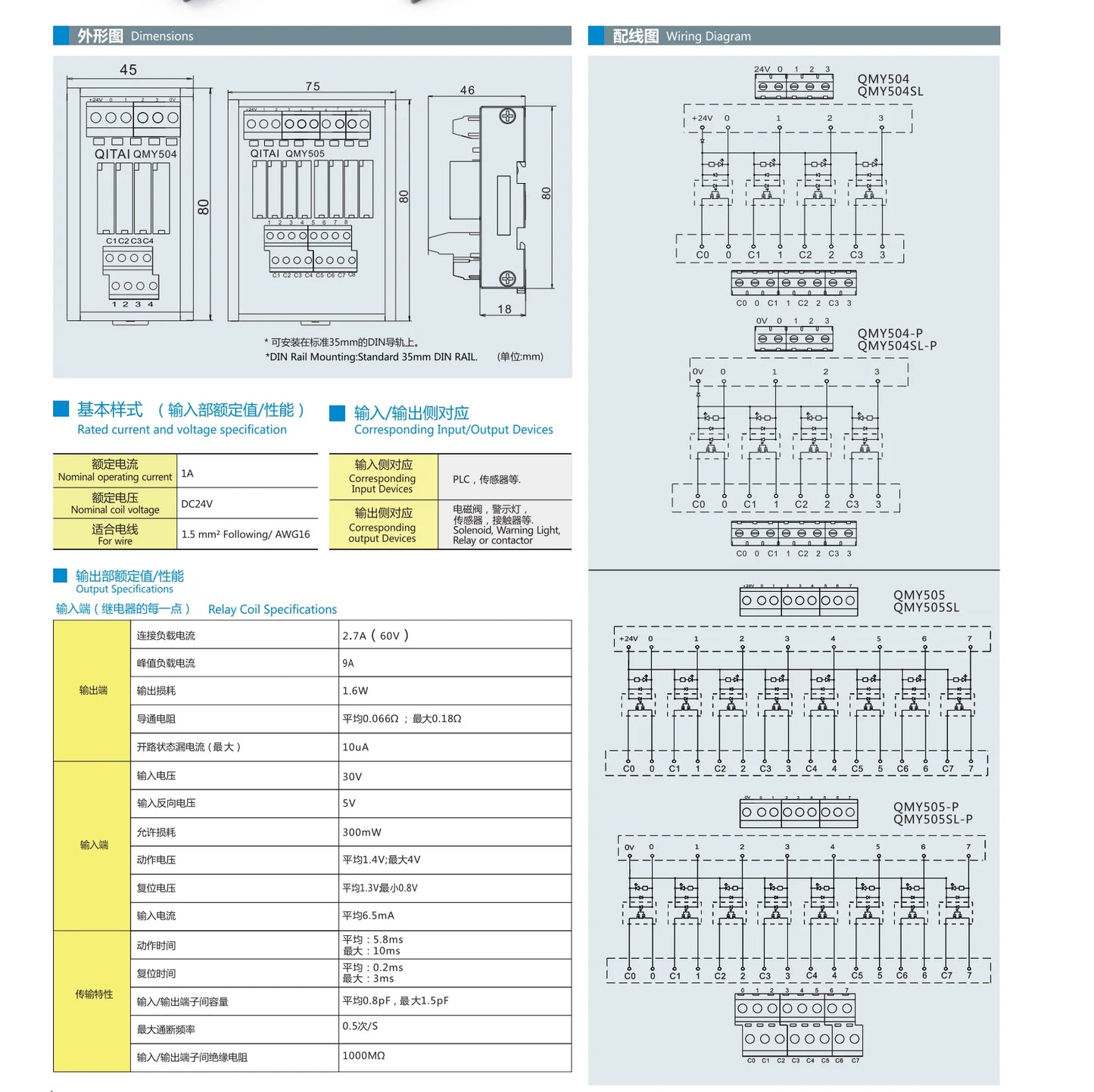 QMY504SL 4 Channel 1O Contact Single Independent Output PLC Power Relay Module 1A 24VDC PLC High Power Relay Module 4-bit