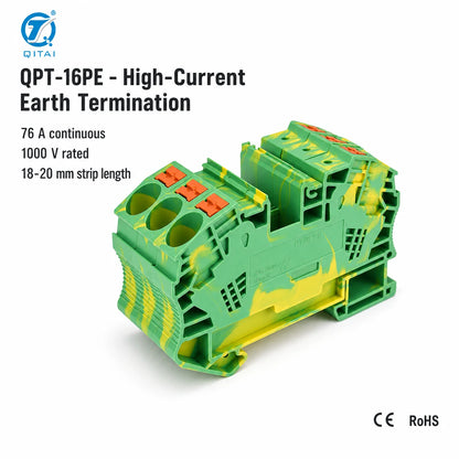 QPT-16PE Ground Terminal Block 16mm2 Protective Earth 1000V 76A Push-in for High Current Power Distribution Panel