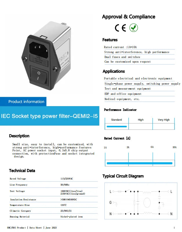 QEMI2-I5 Single-phase AC Power Filter General Purpose IEC Connector Filter 3a 6a 10a Suppressor Power Line Noise Filter Socket